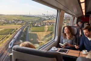 Home Citytrip zonder vliegen: Een trein rijdt door een Europese stad, symbool voor duurzaam en betaalbaar reizen zonder vliegtuig